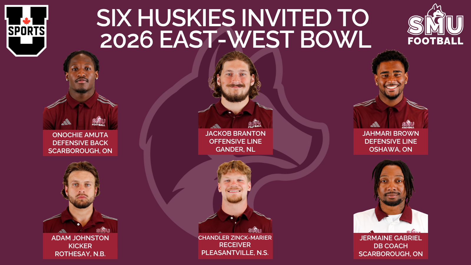 Six Huskies selected to participate in 2026 U SPORTS East-West Bowl